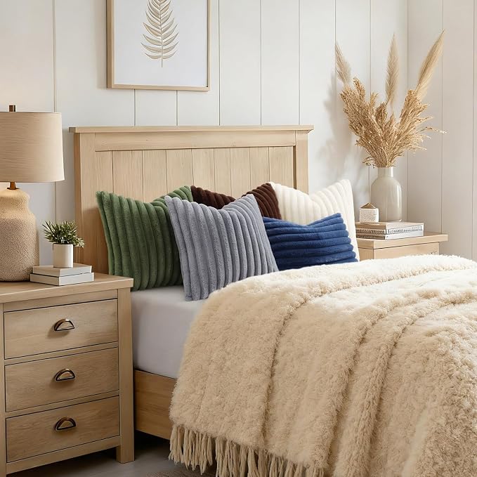 decorUhome Fall Faux Fur Throw Pillow Covers 26x26 Set of 2 Grey | Decorative Soft Cozy Striped Plush Modern Farmhouse Boho Couch Pillow Cases Velvet Back for Sofa Bed Living Room Home Decor