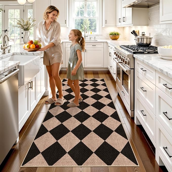 3x6 Kitchen Runner Rug Washable: Non Slip Diamond Pattern Faux Jute Rug | Thin Easy Clean Indoor Farmhouse Boho Rug for Entryway Hallway Bedroom - Outdoor Patio Rug, Home Decor Mat (Black/Brown,3x6)