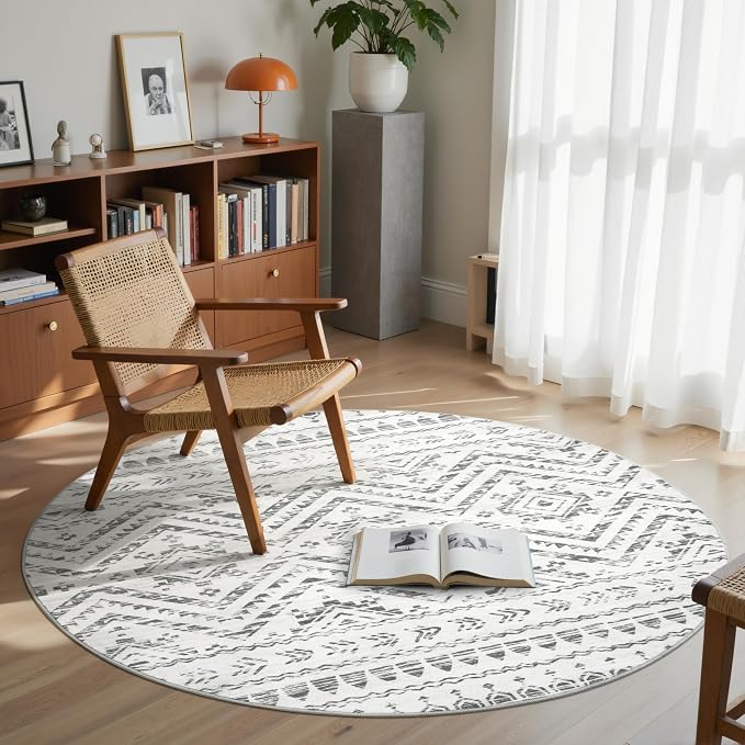 Miukiki Round Rugs 6ft for Living Room Moroccan Washable Circle Rug Non Slip Indoor Floor Carpet Foldable Area Rug for Dining Room with Low Pile(Grey,6'x6')