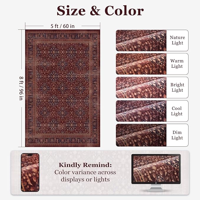 Amber Red 5x8 Area Rug Living Room, Vintage Distressed Boho Floral Trellis Purple Accents Dining Room Rugs for Under Table, Washable Non Slip Thin Carpet Rug for Den/Home Office/Kitchen/Foyer