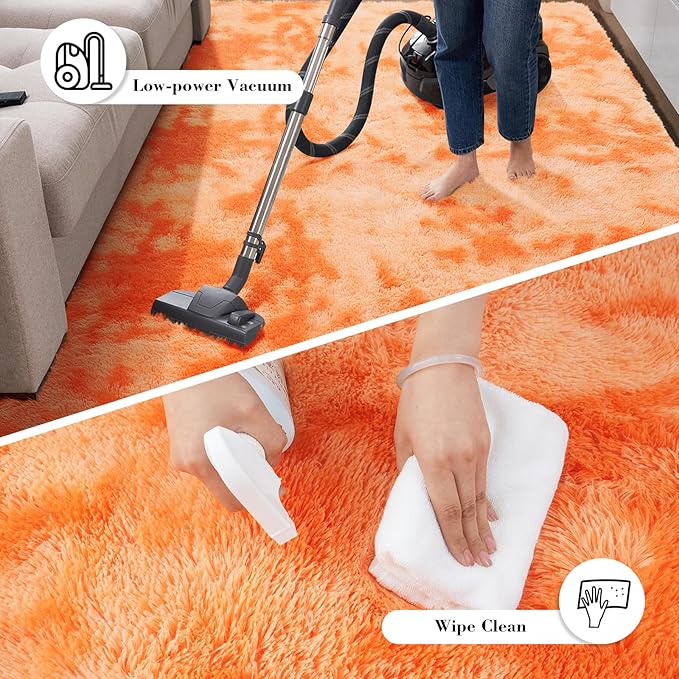 Mottling Orange Fluffy Rug Shag Area Rug, 8x10 Area Rugs for Girls Bedroom, Big Soft Shag Bedside Non-Slip Plush Dorm Carpet Home Decor Aesthetic