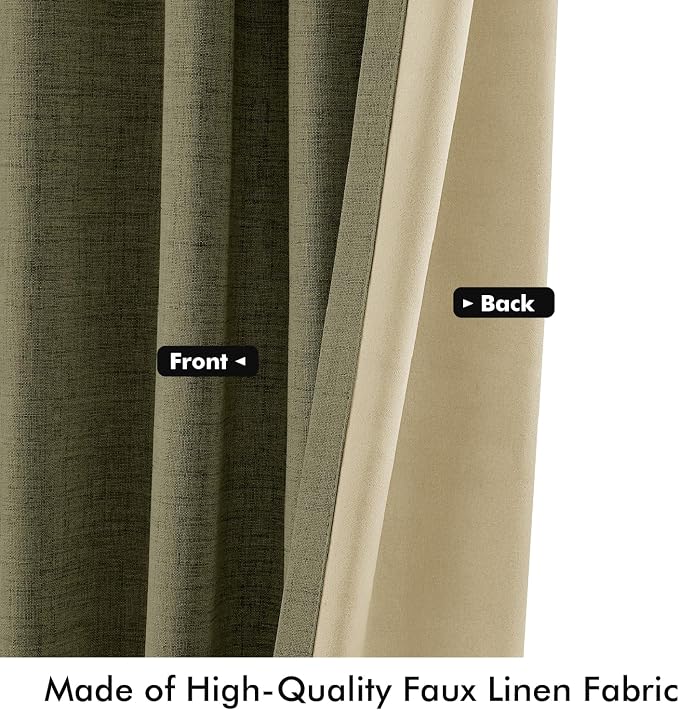 MIULEE 100% Blackout Linen Curtains 42 x 96 Inch Light Olive Green 2 Panels | Thermal Insulated, Room Darkening Drapes for Bedroom Living Room, Back Tab Rod Pocket Pinch Pleated, Solid Luxury Decor