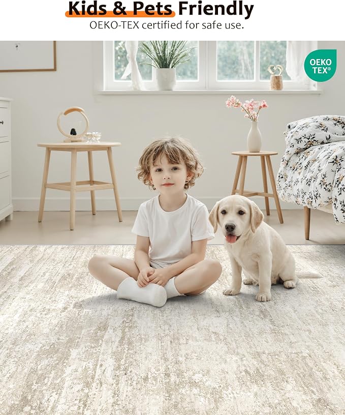 Art&Tuft Washable Rugs 6x9, Anti-Slip Backing Abstract Area Rugs, Stain Resistant 6x9 Rugs for Living Room, Foldable Machine Washable Area Rug(6'x9', 01-Beige)