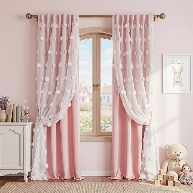 MYSKY HOME Pink Curtains for Girls Bedroom Nursery Curtain Double Layer White Pom Pom Sheer Window Panels for Kids Room Back Tab Room Darkening Window Drapes 72 Inches Length, W52 X L72, 2 Pieces