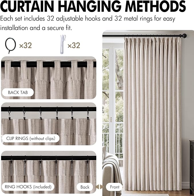 MIULEE Pinch Pleated Thick Linen Curtains 102 Inch 4 Panels Set Back Tab Memory Trained Pinch Pleat Semi Sheer Light Filtering Privacy Curtain Let Light in Window Drape for Living Room Bedroom Natural