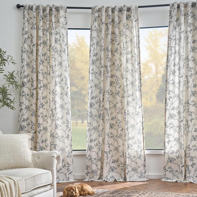 Lazzzy Charlotte Black Floral Lined Linen Farmhouse Curtains 90 Inch Long Back Tab Drapes for Living Room Bedroom Light Filtering Vintage Rod Pocket, 2 Panels, Black on Beige