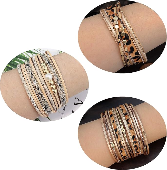 Wowanoo 3Pack Leather Cuff Bracelet Set Multilayer Wrap Bracelet Crystal Feather Tree Bracelet Magnetic Clasp Bracelet for Women