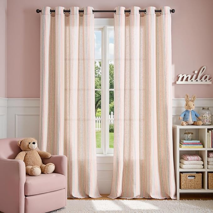 Vangao Linen Stripe Nursery Curtains for Kids Tickingstripe Light Filtering Window Curtains Colorful Pink Pinstripe Printed Drapes 96 Inches Long for Living Room Girls Bedroom Dorm 2 Panels