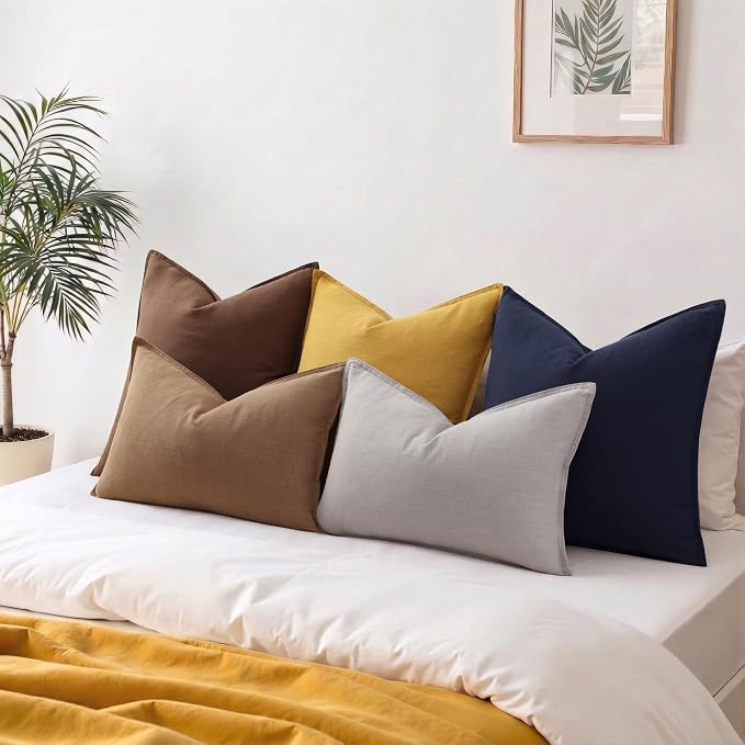 decorUhome Fall Light Grey Linen Throw Pillow Covers 12x20 Set of 2 | Decorative Soft Cozy Modern Farmhouse Boho Accent Pillow Cases with Flange Edges for Couch Bed Sofa Living Room Home Decor