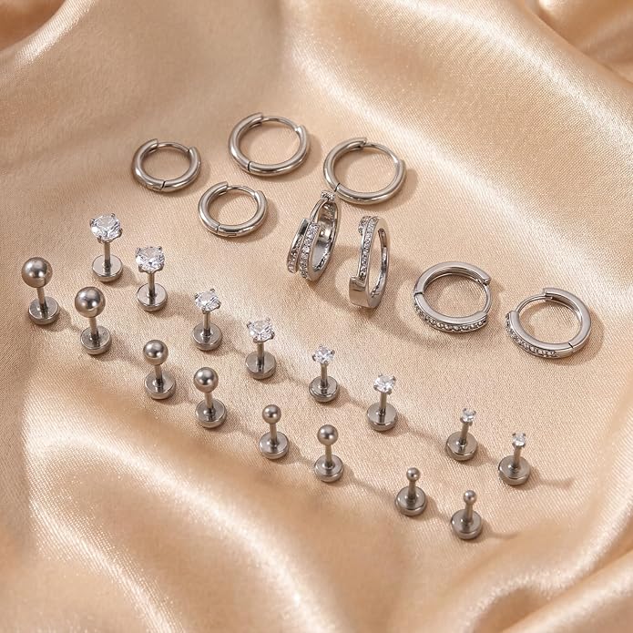 Stainless Steel Stud Earrings Set for Women Hypoallergenic Flat Back Cartilage Earrings Screw Back Huggie Hoop Earrings Multiple Piercing Cubic Zirconia Helix Tragus Jewelry