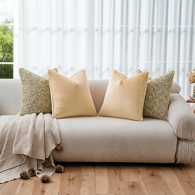 a moment Yellow 4 Pack Throw Pillow Covers - Chenille & Velvet Set with Piping, Farmhouse Textured Design Pillow Cases for Couch Sofa Bed Livingroom (20x20 Inch, No Insert)