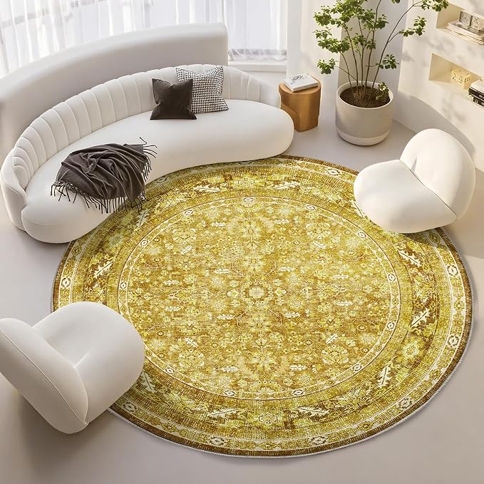 OPPODREAM Vintage Yellow Round Rug 6ft, 6 ft Retro Washable Circle Rug Non Slip, Low-Pile Faux Wool Circular Carpet, Distressed Floor Mat for Living Room, Bedroom, Office, Dorm, Dinning Room