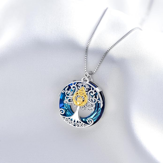 TOUPOP Tree of Life Necklace 925 Sterling Silver Celtic Knot Tree Pendant Jewelry with Blue Crystal Christmas Gifts for Women