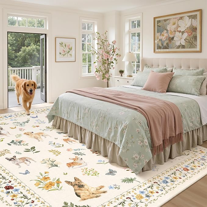 Soalmost Dog 9x12 Area Rugs for Living Room, Washable Animal Soft Rug Beige | Floral Vintage Non-Slip Low Pile Cute Throw Large Rugs for Classroom Bedroom Dining Room Nursery Playroom 9' x 12'