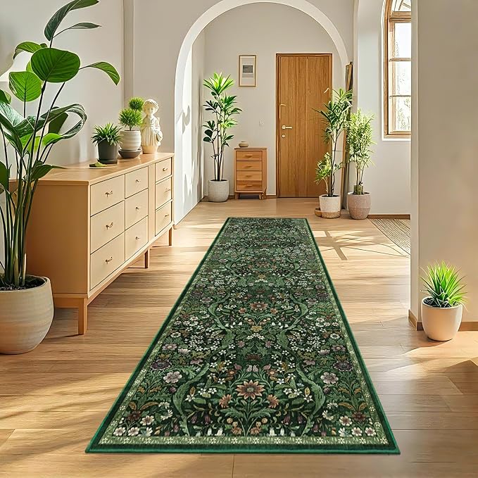 3×10 Washable Runner Rug,Dark Green Floral Kitchen Rugs for Hallway,Low-Pile Non-Slip Stain Resistant Carpet for Kitchen, Bedside,Laundry Room,Entryway