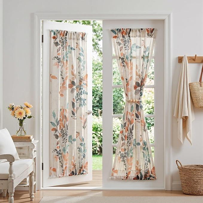 MYSKY HOME Floral Linen French Door Curtains 72 inch Long 2 Panels for Front Door Light Filtering Privacy Semi Sheer Window Curtains with Rod Pocket, Burnt Orange, 24" W Each Panel