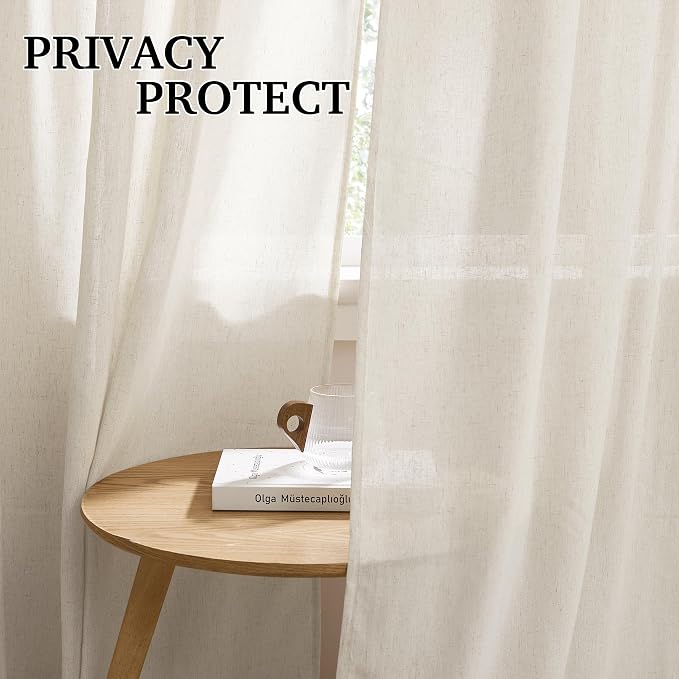 RYB HOME Linen Curtains 84 inches for Living Room, Semi Sheer Farmhouse Light Filtering Half Privacy Window Drapes for Bedroom Dining Room Nursery, Natural Beige, W 52 x L84 inches, 2 Panels