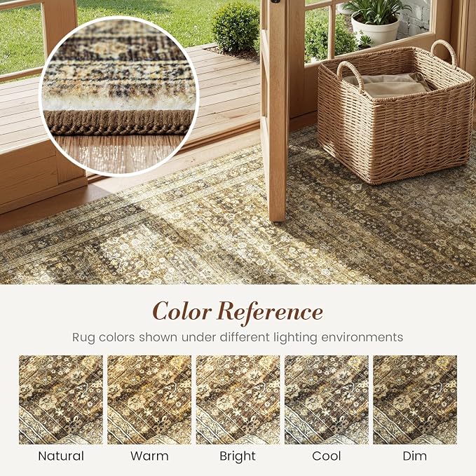 5x7 Washable Area Rugs for Living Room Bedroom, Boho Non-Slip Rug | Vintage Distressed Retro; Low Pile; Stain Resistant; Neutral Soft Carpet for Dining Room, Nursery, Home Office; Caramel Brown