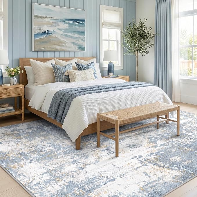 RELEANY Washable Area Rugs 9'x12' Non-Slip Modern Abstract Soft for Living Room Entryway Bedroom Kitchen, Print Pattern, Light Blue