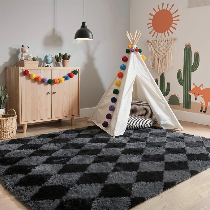 GENIMO Checkered Rug 6x9 Area Rugs for Kids Bedroom Soft Shag Rug Fluffy Fuzzy Carpet Plush Rugs for Living Room Nursery Playroom Dorm Modern Home Decor Aesthetic, Black and Grey