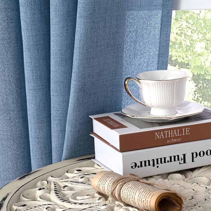 YoungsTex Blue Linen Curtains 54 Inches Length for Living Room Window - Bronze Grommet Short Light Filtering Drapes Privacy for Bathroom Bedroom Decorative, 42 x 54 Inch, 2 Panels