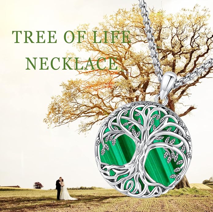 Jewelry Gifts - Tree of Life Necklace Sterling Silver Abalone Shell/Opal/Moonstone/Black Onyx/Turquoise/Malachite/Crystal Family Tree of Life Jewelry for Women Men