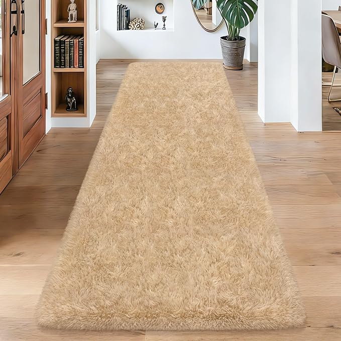 3x10 ft Beige Runner Rugs for Bedroom Living Room, Soft Plush Fluffy Throw Rug Shag Runner Carpet for Hallways Non Slip, Washable Light Beige Rug Carpet for Nursery Kids Girls Room Home Decor