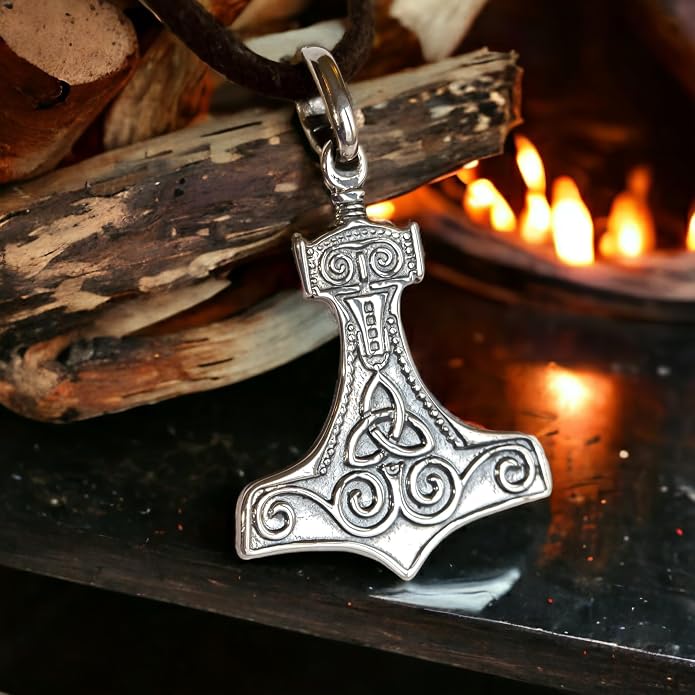925 Sterling Silver Thor's Hammer Necklace Handmade Replica - Mjolnir Pendant Necklace with Triquetra - Celtic Norse Nordic Viking Jewelry for Men Women