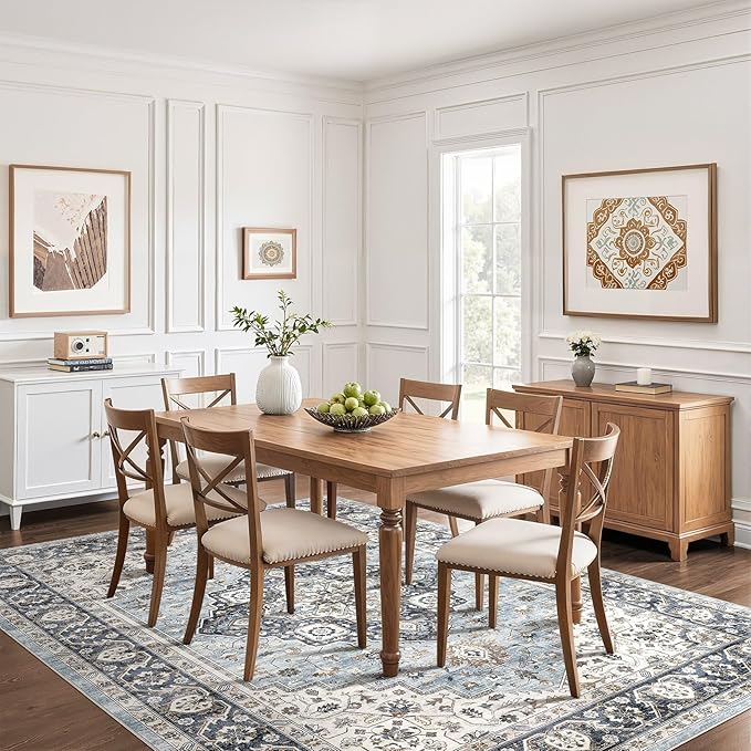 10x13 Area Rug Living Room: Washable Boho Large Neutral Vintage Soft Rug Stain Resistant Farmhouse Non-Slip Indoor Floor Carpet for Bedroom Nursery Kids Office Dining Room Home House- Blue Tan