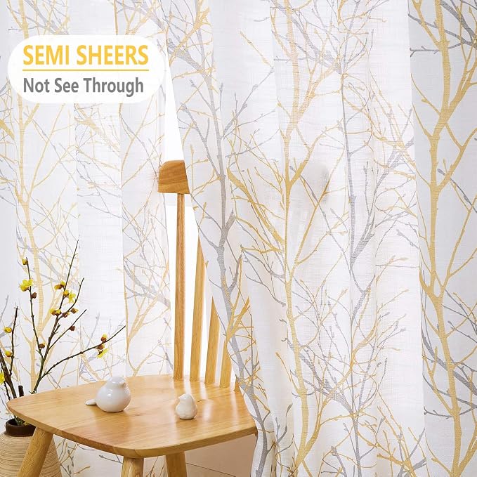 FMFUNCTEX Linen Semi Sheer Curtains for Bedroom, Yellow White Curtains 45 Inches Long for Living Room, Grey Tree Branch Print Curtain Light Filtering Kitchen Window Drapes, Grommet Top 2 Panels | Short Sheer Branch Patterned Drapes, Light Filtering Gro...
