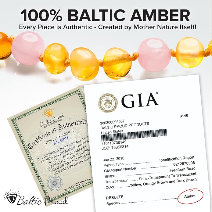 Baltic Proud Amber Necklace (Unisex Honey Rose Polished 12.5 Inches) - Certified Premium Quality Raw Baltic Sea Amber