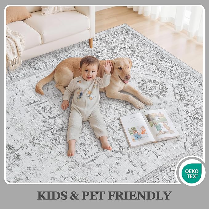 8x10 Area Rugs for Living Room:Washable Vintage Medallion Rug Non-Slip Soft Low Pile Gray Large Rugs Indoor Retro Carpet for Bedroom Kitchen Nursery Dining Table Office (Gray, 8'x10')