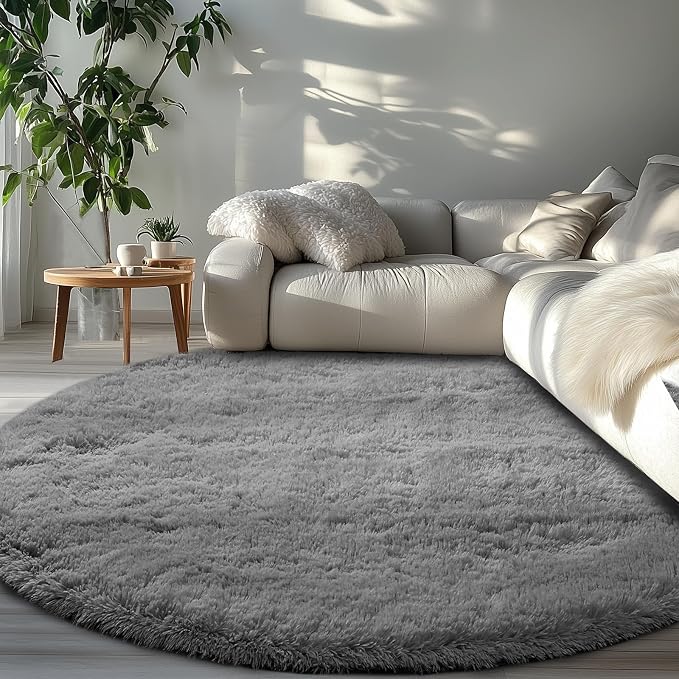 Grey Round Fluffy Rug 8Ft: Shag Grey Area Rugs for Living Room- Circle Large Plush Soft Gray Rugs for Living Room- 8x8 Feet Fuzzy Modern Carpets for Bedroom, Kids Room Decor