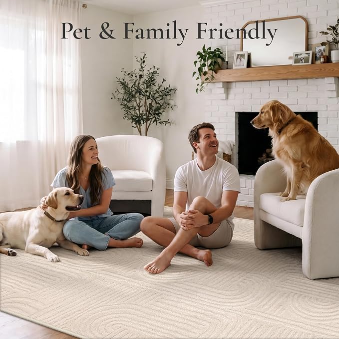 GENIMO Beige Rugs 5x7 Washable Area Rugs for Living Room, Modern Arch 3D Textured Design, Non Slip Shag Soft Carpet, Non-Shedding Cream Throw Accent Carpet for Bedroom, Dining Room, Nursery, Playroom