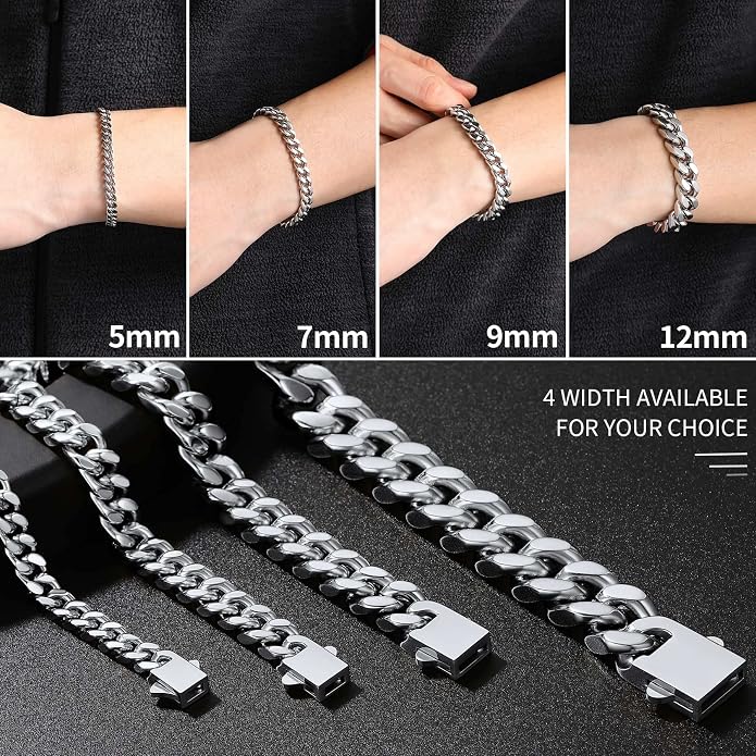 ChainsHouse Stainless Steel Cuban Link Bracelet for Men, 5mm/7mm/9mm/12mm Width, 7.5"/8.3"/9" Length, Black/18K Gold Plated Chain Wrist Bracelets for Men, with Gift Box