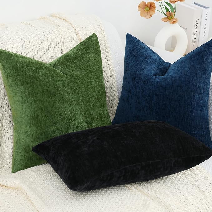 decorUhome Soft Chenille Black Throw Pillow Covers 16X16 Set of 2 | Decorative Fall Couch Pillow Covers Solid Dyed Accent Modern Farmhouse Neutral Square Pillow Cases for Sofa