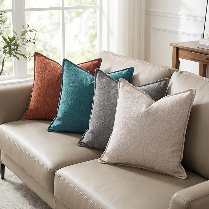 20x20 Inches Throw Pillow Covers Set of 4 Soft Textured Chenille Decorative Cushion Cases for Couch Sofa Bed Modern Farmhouse Neutral Accent Covers with Hidden Zipper Colorful