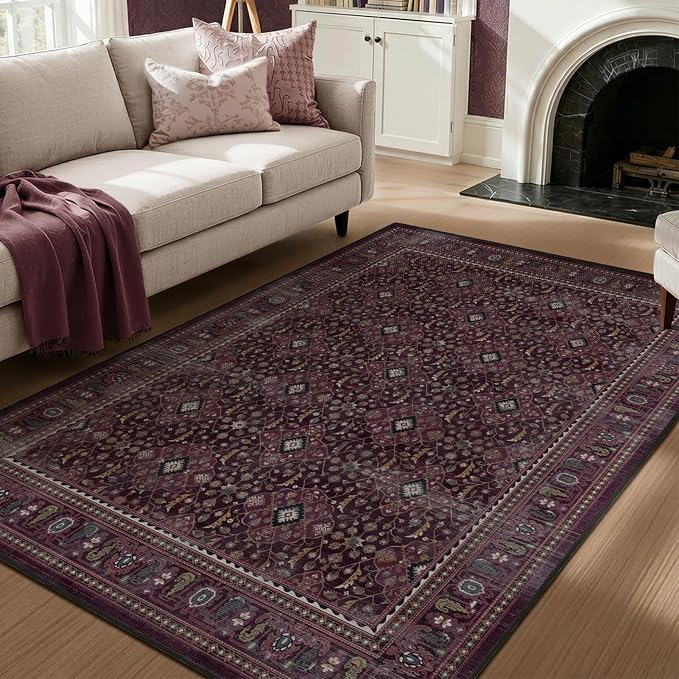 Fig 5x8 Area Rug Living Room, Earth Tone Dark Academia Vintage Boho Floral Trellis Dining Room Rugs for Under Table, Washable Non Slip Thin Carpet Rug for Den/Home Office/Kitchen