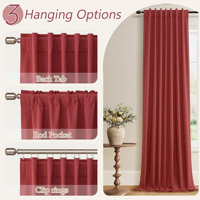 Guken Red 100% Blackout Linen Curtains 102 Inch Length 2 Panels Set for Living Room Bedroom Back Tab Thermal Insulated Black Out Drapes Room Darkening Farmhouse Window Curtains 102 Inches Long