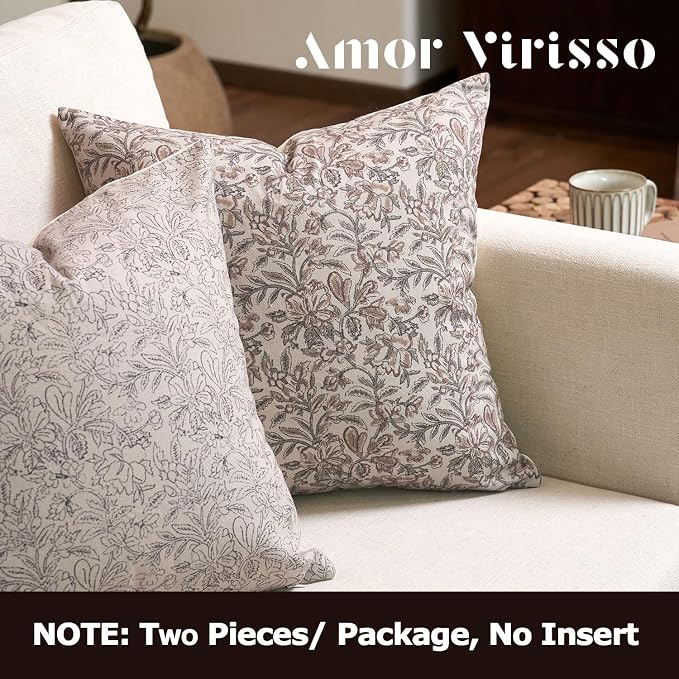 Amor Virisso Floral Throw Pillow Covers 18x18 Set of 2 Vintage Block Print Pillow Covers Decorative Pillow Covers Couch Pillows for Living Room Farmhouse Accent Sofa Pillows, Red/Sand