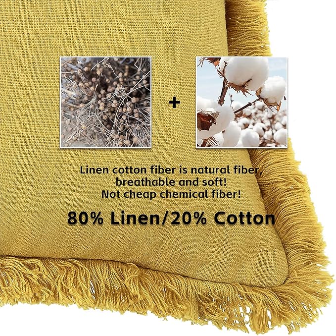 AmHoo Pack of 2 Linen Pillow Covers with Tassels Fringed Decorative Rustic Natural Throw Pillowcase Cushion for Couch Sofa Bedroom 20 x 20-Inch Mustard Yellow