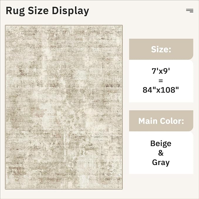 Soalmost Abstract 7x9 Area Rug for Living Room Washable Rugs Beige/Gray | Non-Slip Low-Pile Carpet for Dining Bedroom, Foldable Thin Vintage Stain Resistant Floor Mat Under Table Home Office Nursery