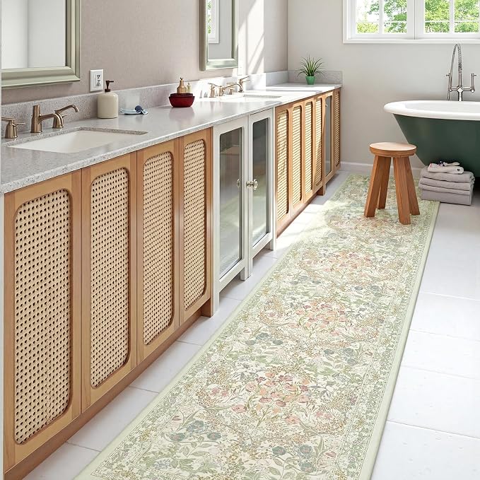Sage Green Washable 2x8 Runner Rug for Bathroom, Hallway, Kitchen, Non-Slip & Stain Resistant 8ft Long Entryway Floor Rug, Retro Boho Floral Décor