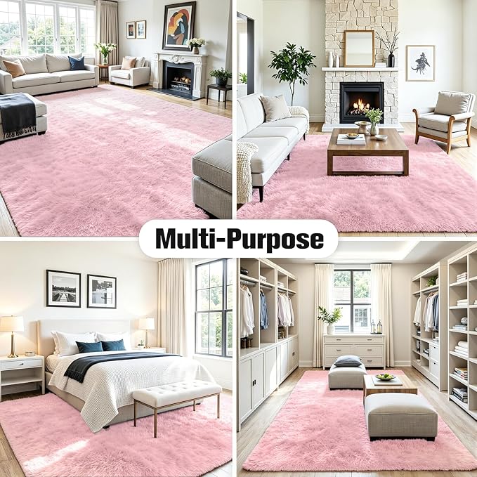 8x10 Area Rug for Living Room, Ultra Soft Fluffy Pink Rugs for Bedroom, Non Slip Large Shag Carpet, Fuzzy Plush Nursery Rug, Thick Washable Indoor Floor Carpets for Kids Office Dorm Home Decor