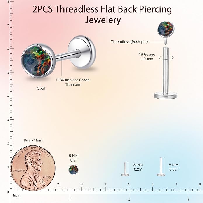 limerencia 18G Hypoallergenic Titanium Opal Threadless Nose Stud Earrings, 2PC Flat Back Push in Stud Earrings Labret Medusa Monroe Helix Cartilage Tragus Conch Piercing Jewelry for Women Men