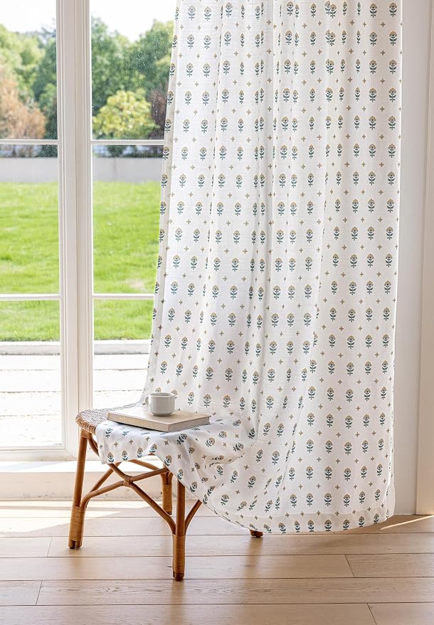 DrapePalette - Linen Blend Pinch Pleated Curtains 96 Inches Long for Living Room, Bedroom, Dining Room, Light Filtering Curtains 2 Panels Set, Modern Floral Printed Design, Golden Bloom, 30" W x 96" L