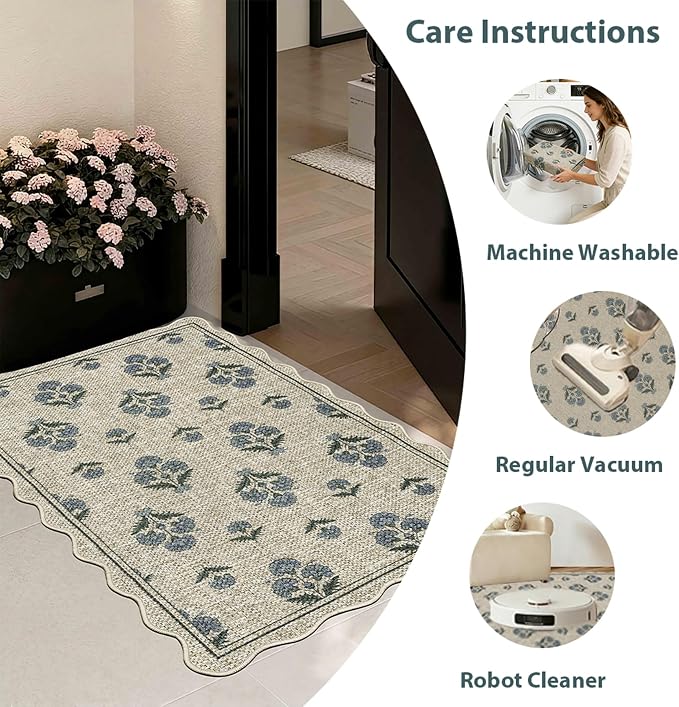 ORTIGIA Scalloped Easy Jute 2x3 Area Rug Vintage Blue Block Floral Farmhouse Washable Rug Non-Slip Indoor Outdoor Carpet for Living Room Bedroom Kitchen Patio Entryway