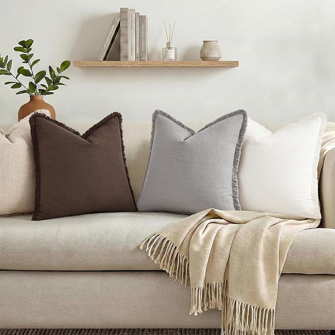 decorUhome Linen Fringe Chocolate Throw Pillow Covers 16x16 Set of 2 | Decorative Soft Accent Modern Boho Farmhouse Cushion Covers with Tassels Cotton Pillow Covers for Couch Bed Sofa
