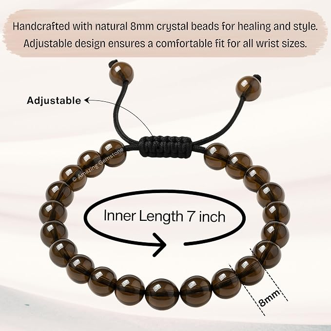 Amazing Gemstone Smoky Quartz Bracelet for Women Men's Gifts - Protection Healing Crystal Bracelet - 8mm Gemstone Beaded Adjustable Bracelet