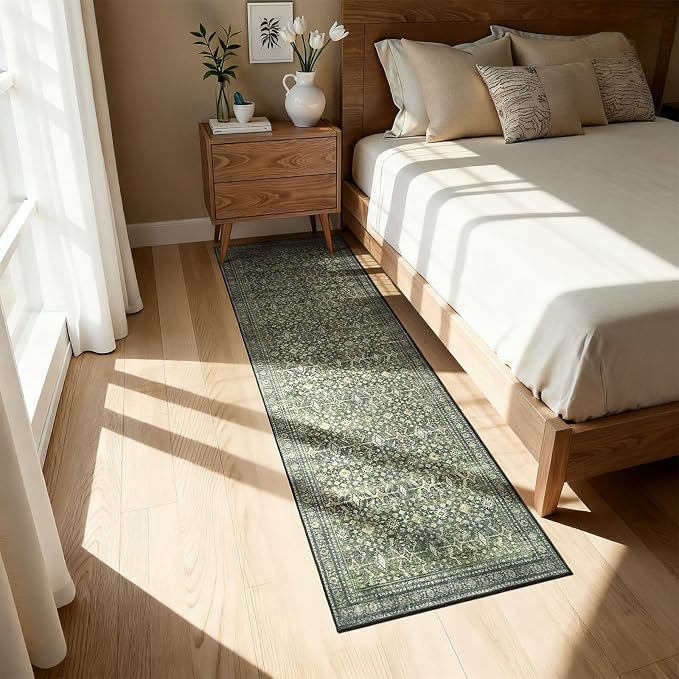 Lofus 3' X 8' Area Rug for Hallways,Green Washable Runner Rugs with Non Slip Rubber Backing, Low Pile Soft Carpet Runner for Kitchen Bathroom Bedroom Laundry
